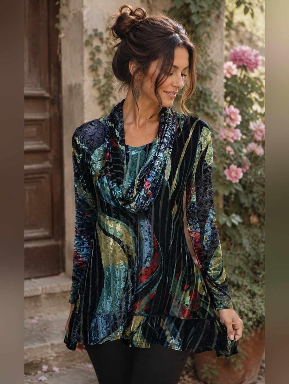 Palila Velvet Burnout Tunic Top Small Abstract Cowl Neck Artsy Boho Chic